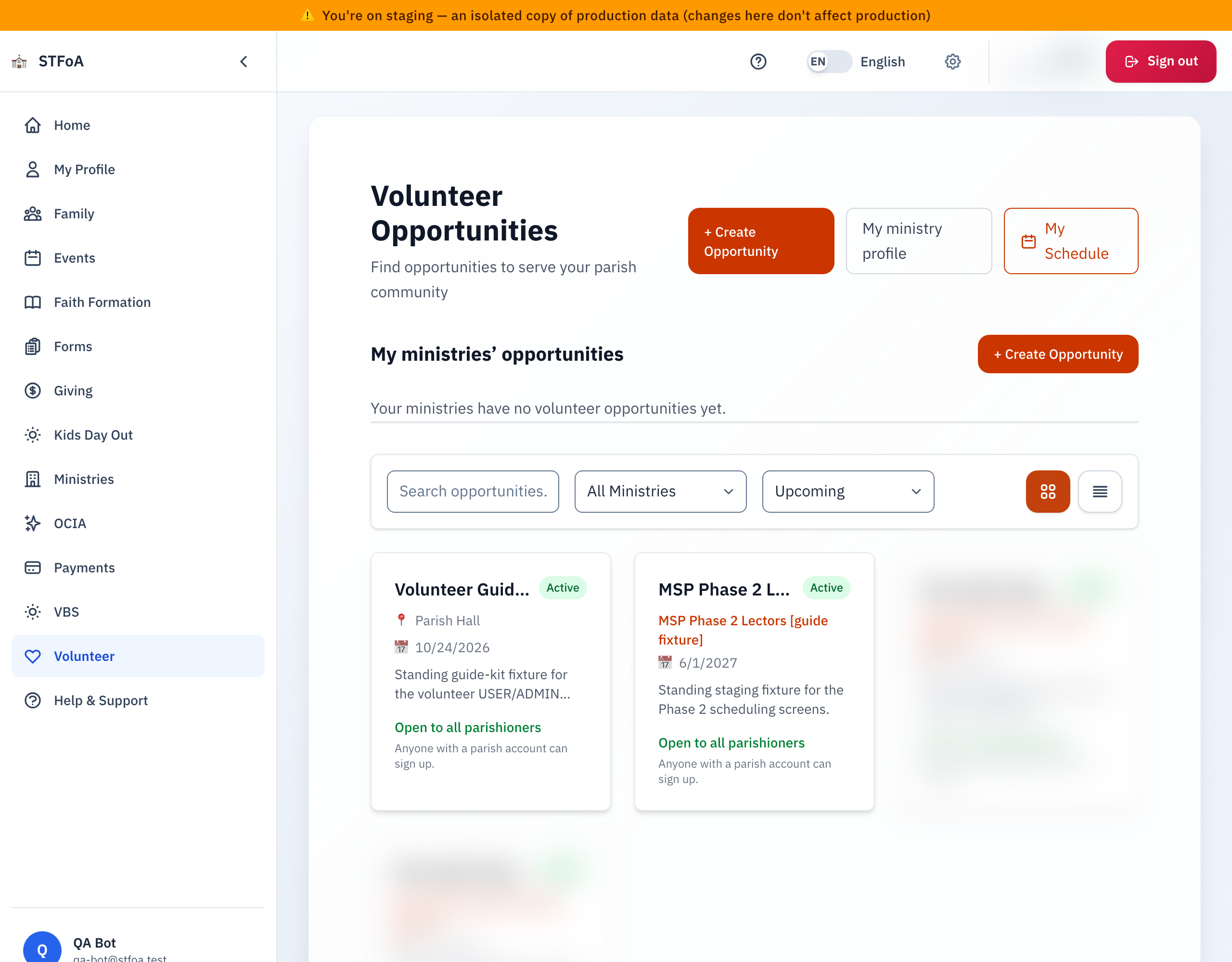 The Volunteer page, showing the filter bar above a grid of opportunity cards.