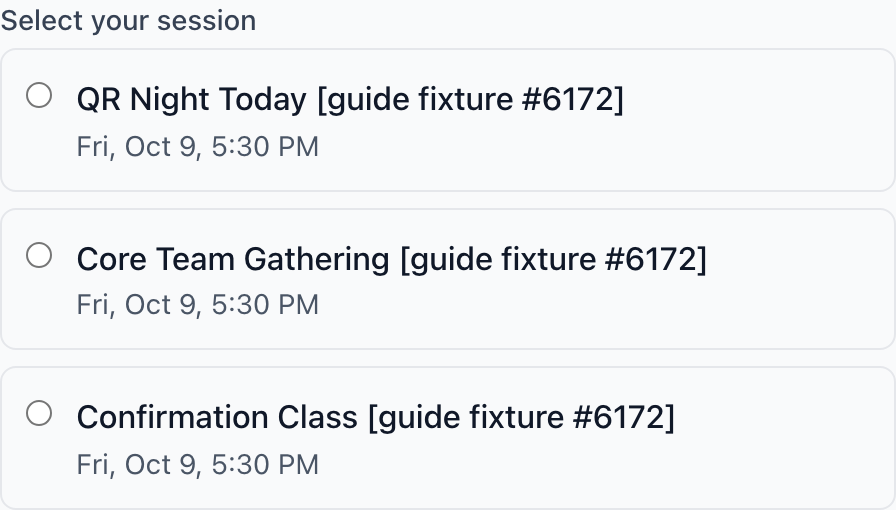 Several sessions open at once, each with a round button to select it.