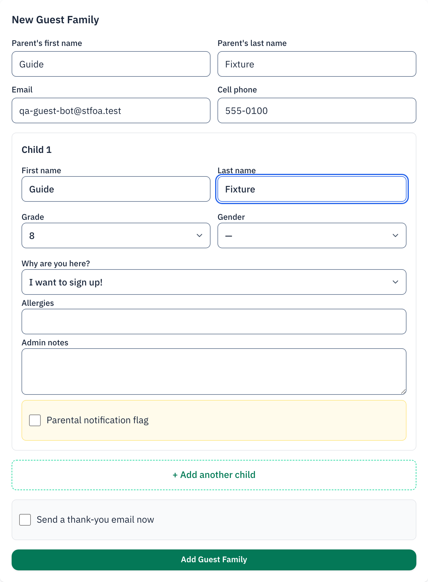The form filled in for a teen who wants to sign up.